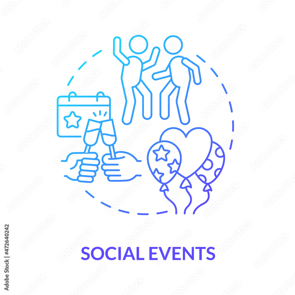 Social events blue gradient concept icon. Participation in community. Social participation. Holiday with work team abstract idea thin line illustration. Vector isolated outline color drawing Social events blue gradient concept icon. Participation in community. Social participation. Holiday with work team abstract idea thin line illustration. Vector isolated outline color drawing
