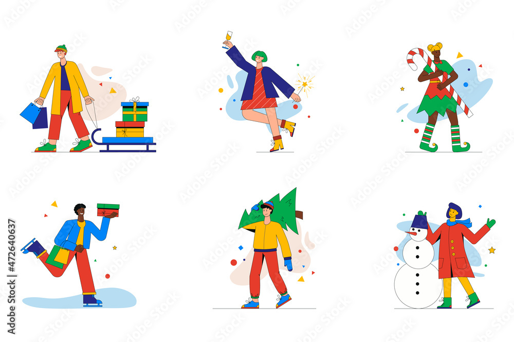 Fototapeta premium Christmas celebration set of mini concept or icons. People buy and give gifts, drink champagne, dress up in elf costume, make snowman, modern person scene. Vector illustration in flat design for web