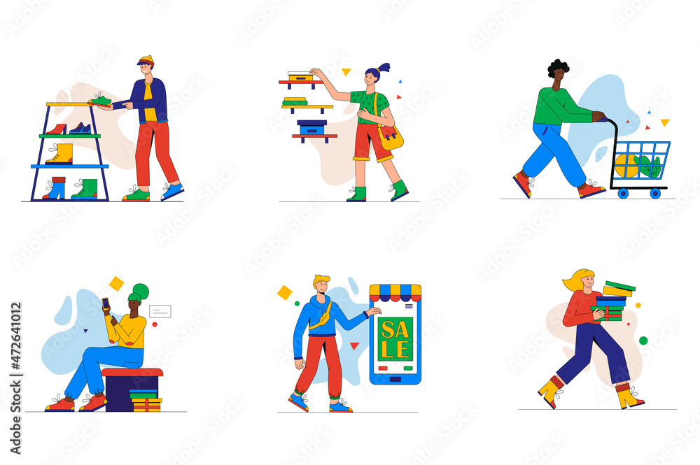 Shopping time set of mini concept or icons. People choose shoes and goods in store or supermarket, making purchases online, buy at sale, modern person scene. Vector illustration in flat design for web