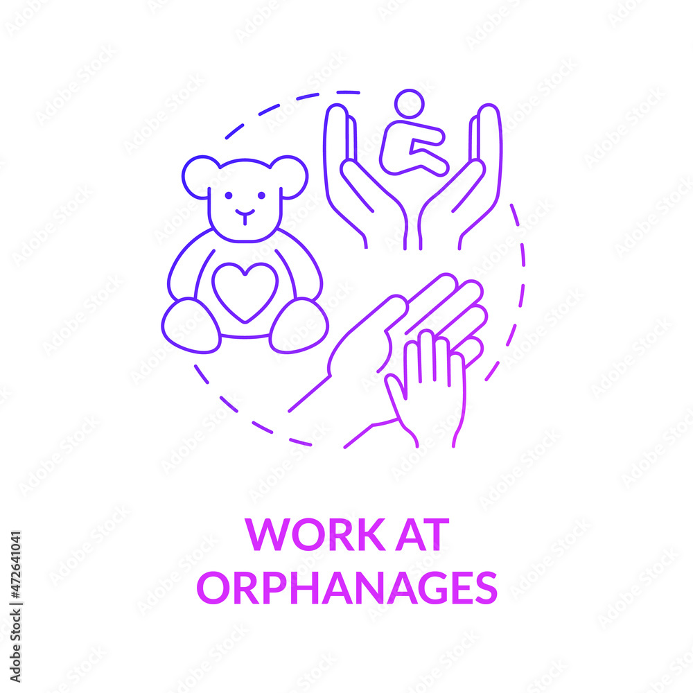 Volunteering at orphanages purple gradient concept icon. Charity help for kids. Support by donation, work abstract idea thin line illustration. Vector isolated outline color drawing