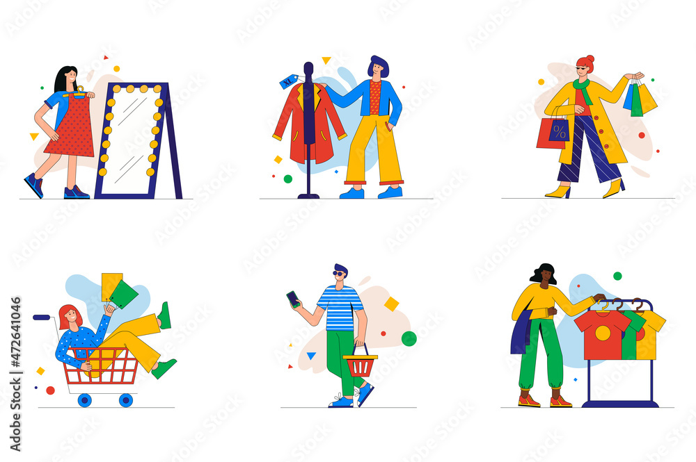 Shopping time set of mini concept or icons. People choose and try on clothes in fitting room, buy in store and supermarket, great sale, modern person scene. Vector illustration in flat design for web