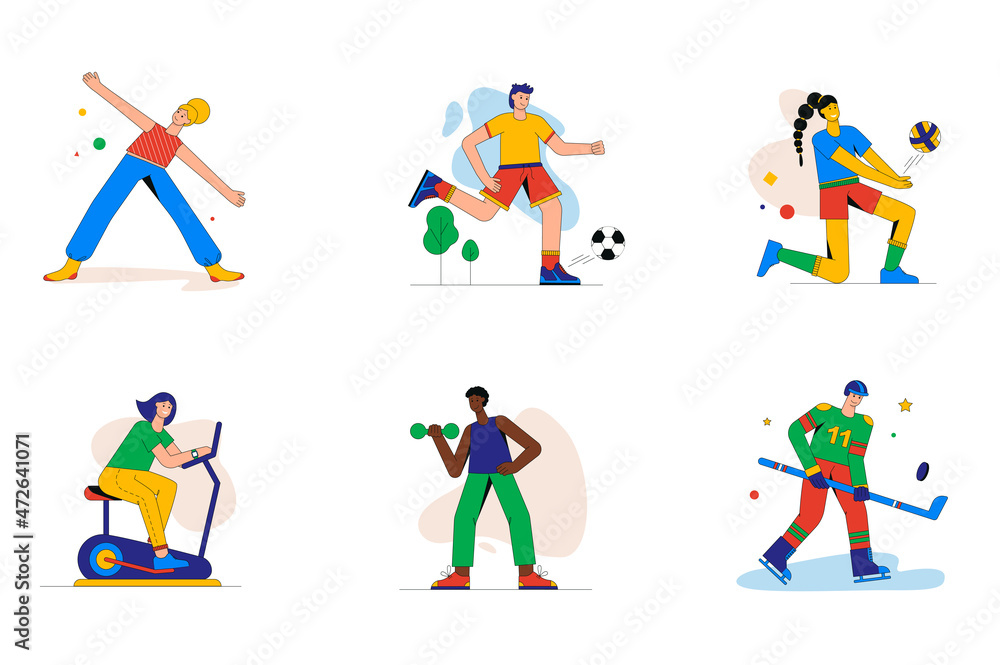 Sport and fitness set of mini concept or icons. People exercise, do yoga, exercise with dumbbells, play football, volleyball or hockey, modern person scene. Vector illustration in flat design for web