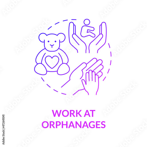 Volunteering at orphanages purple gradient concept icon. Charity help for kids. Support by donation, work abstract idea thin line illustration. Vector isolated outline color drawing