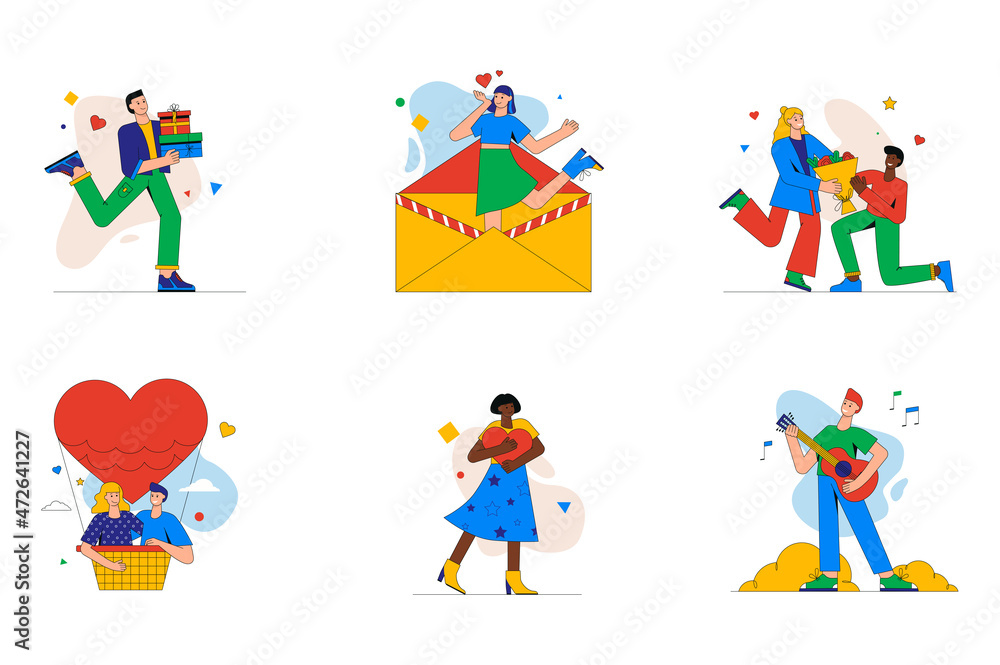 Valentines day set of mini concept or icons. People celebrate romantic holiday, give gifts, flowers and love letters, sing serenades, modern person scene. Vector illustration in flat design for web