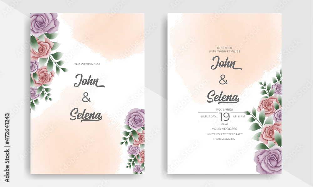 Beautiful hand drawn watercolor floral wedding invitation card template