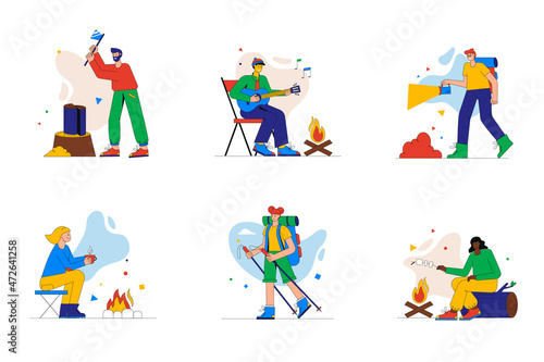 Camping and hiking set of mini concept or icons. People relaxing, sing and drink by fire, fries marshmallows, tourists follow route, modern person scene. Vector illustration in flat design for web