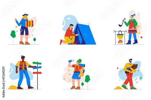 Camping and hiking set of mini concept or icons. People resting in tent, cooking on campfire, collect firewood, follow route on map, modern person scene. Vector illustration in flat design for web