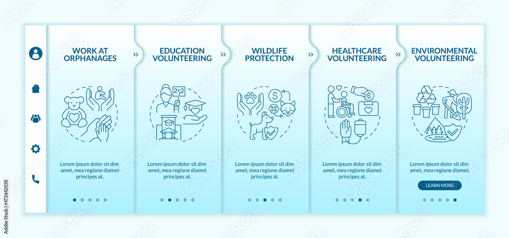 Volunteering work type onboarding vector template. Responsive mobile website with icons. Web page walkthrough 5 step screens. Charitable organisation color concept with linear illustrations