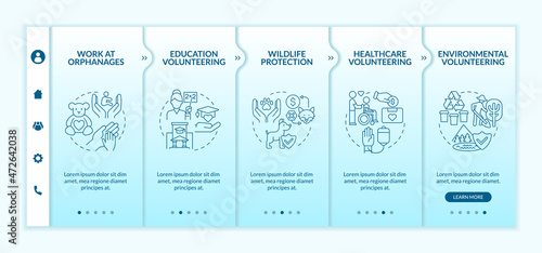 Volunteering work type onboarding vector template. Responsive mobile website with icons. Web page walkthrough 5 step screens. Charitable organisation color concept with linear illustrations