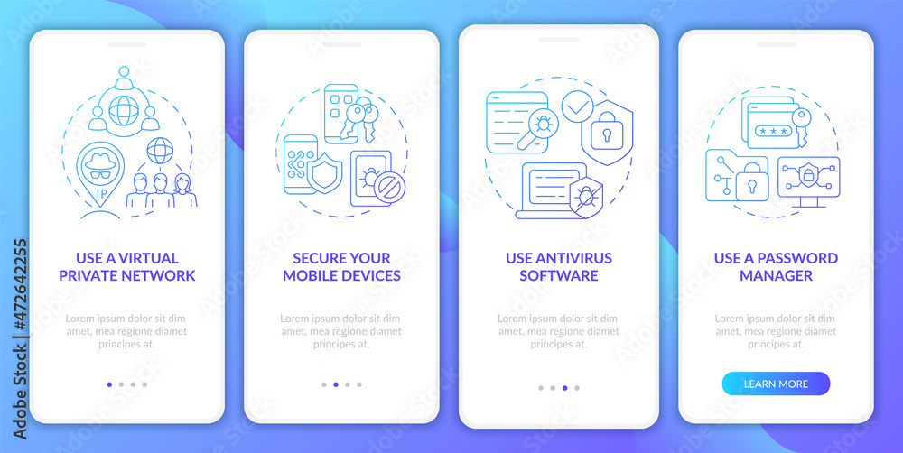 Digital privacy saving tips onboarding mobile app page screen. Internet safety walkthrough four steps graphic instructions with concepts. UI, UX, GUI vector template with linear color illustrations