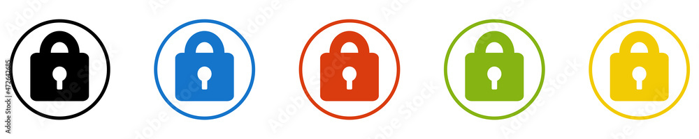 Bunter Banner mit 5 farbigen Icons: Schloss, Sicherheit, Datenschutz oder Vorhängeschloss Bunter Banner mit 5 farbigen Icons: Schloss, Sicherheit, Datenschutz oder Vorhängeschloss