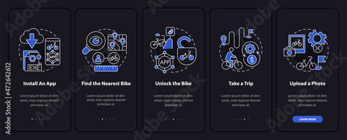 Bike-share guide onboarding mobile app page screen. Uploading photo walkthrough 5 steps graphic instructions with concepts. UI  UX  GUI vector template with linear night mode illustrations