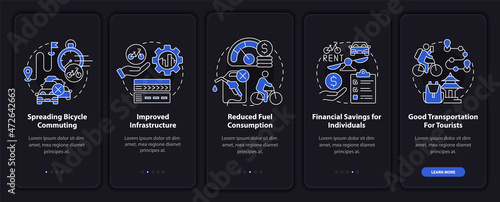 Bike sharing advantages onboarding mobile app page screen. Good transportation walkthrough 5 steps graphic instructions with concepts. UI, UX, GUI vector template with linear night mode illustrations