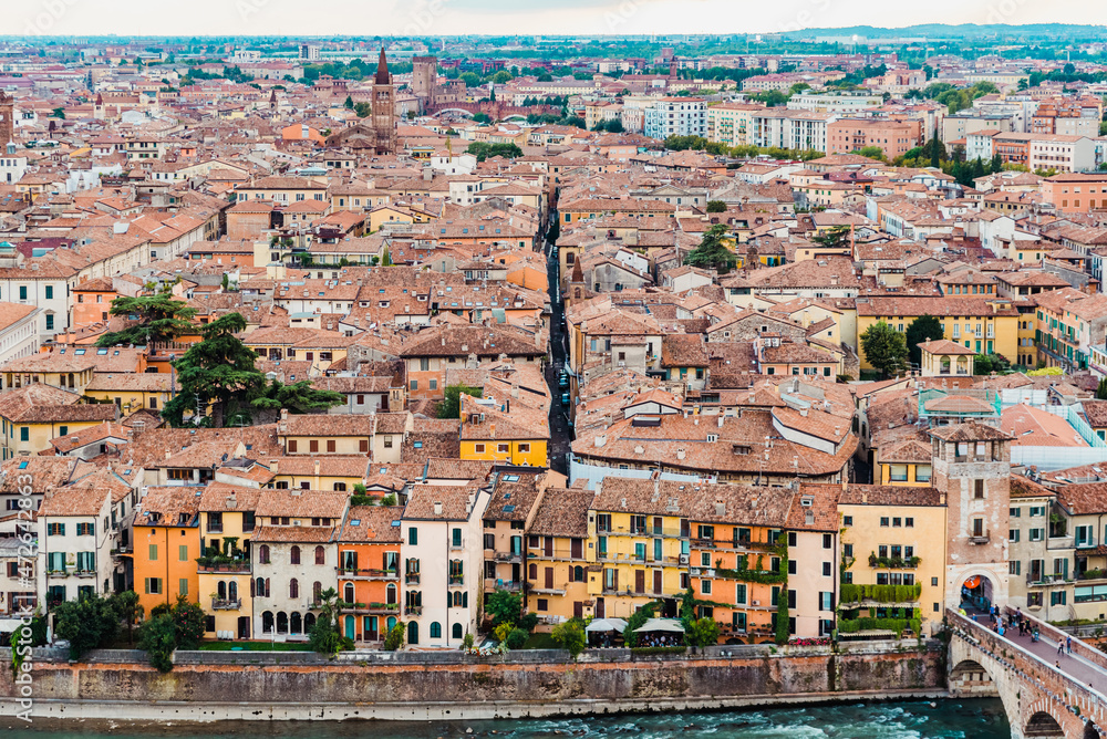 Panoramic from the top of the Castle of Verona, with a view of the roofs and the alleys of the medieval city along the river.