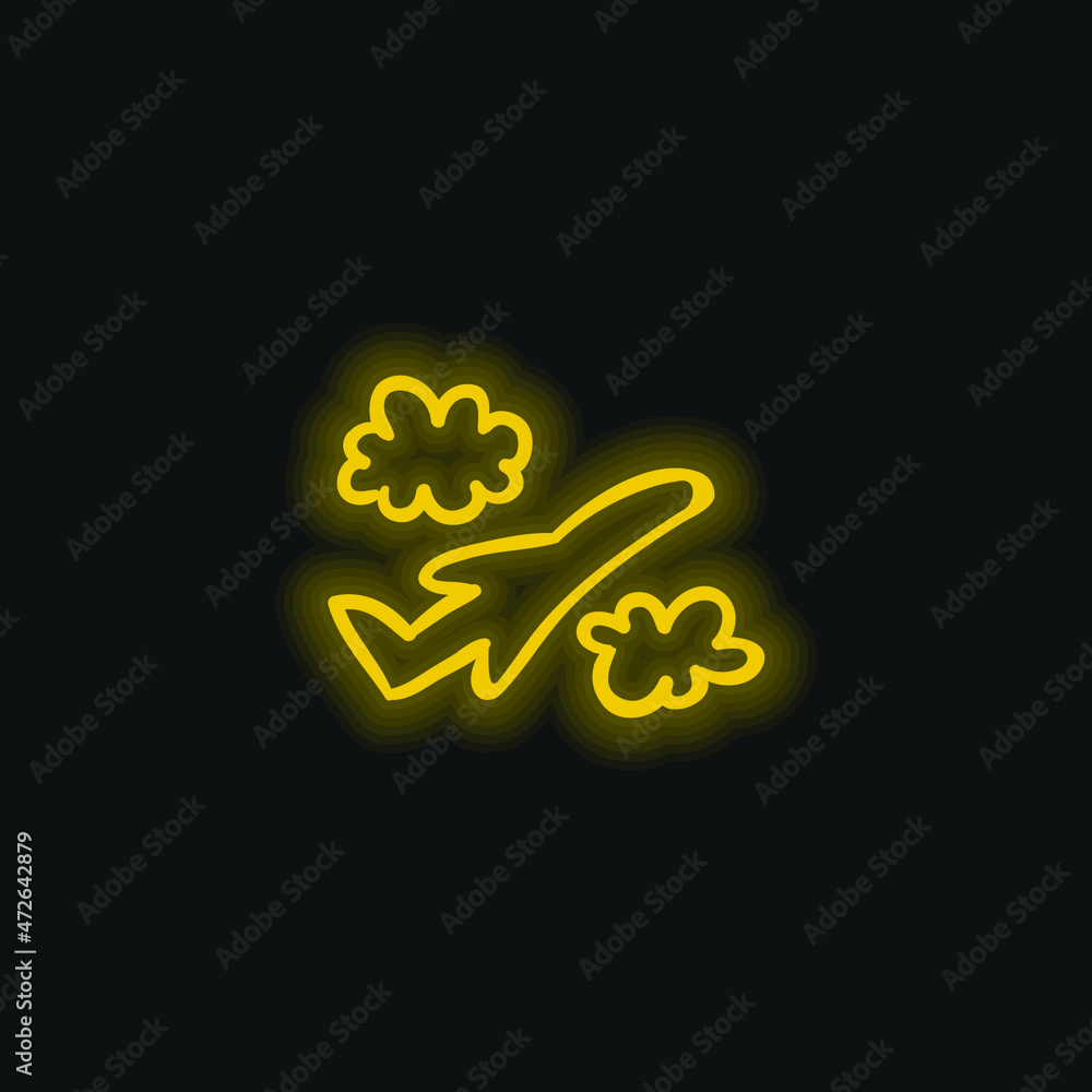 Airplane Hand Drawn Flight Between Clouds yellow glowing neon icon Airplane Hand Drawn Flight Between Clouds yellow glowing neon icon