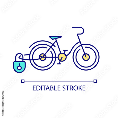 Bike lock for security RGB color icon. Protecting vehicle from thieves. Leaving bicycle outside. Cable lock. Preventing theft. Isolated vector illustration. Simple filled line drawing. Editable stroke