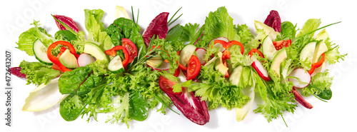 Mixed Salad with Avocado - Fresh Lettuce Panorama isolated on white Background