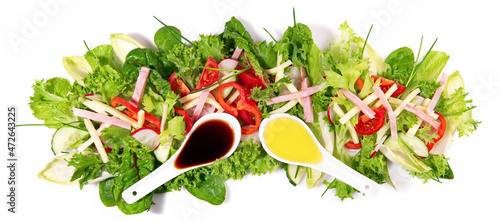 Mixed Salad with sliced Ham and Cheese. Fresh Lettuce Panorama isolated on white Background