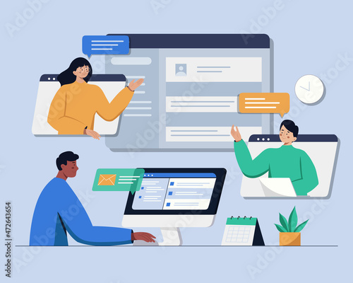 people connecting online with teleconference and video conference for meeting learning remote working concept. flat vector illustration design
