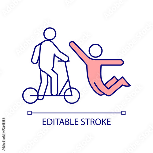 Traumatic e-scooter accident RGB color icon. Collide with pedestrian. Electrical scooter crash. Collisions and injuries risk. Isolated vector illustration. Simple filled line drawing. Editable stroke