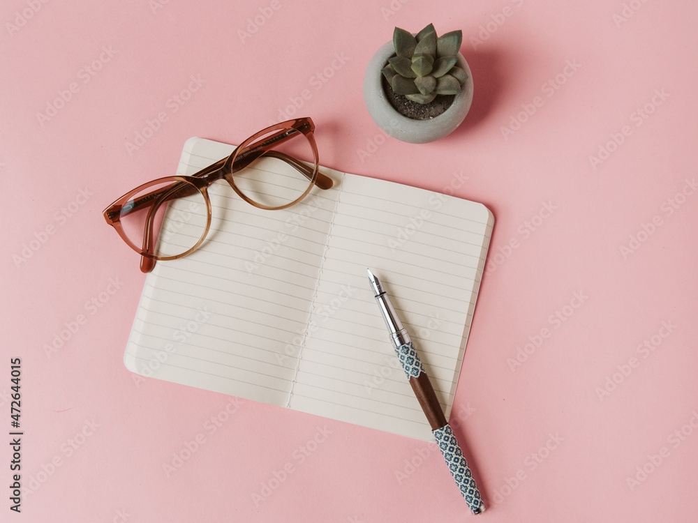 Carnet, stylo plume, lunettes et succulent sur fond rose pour