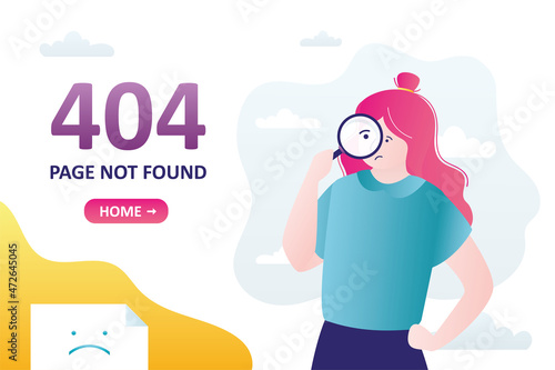 404 error, page not found, landing page template. Unhappy female user looking for page with magnifying glass. Disconnection, connect problem, error page.