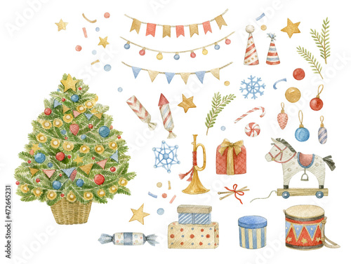 Set of Christmas watercolor illustrations: Christmas tree, garlands, flags, toys, gifts, Christmas tree decorations, musical instruments, firecrackers, confetti.