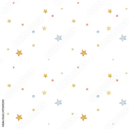 Seamless pattern of hand drawn watercolor stars and confetti.
