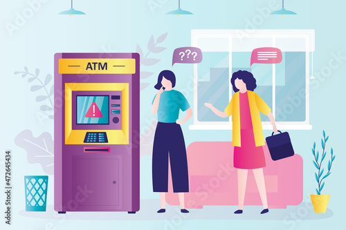 Girl does not understand why terminal does not work. Consumers cannot conduct financial transactions