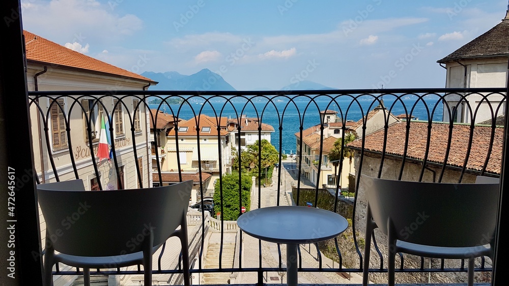 Fototapeta premium Stunning views of Lago Maggiore from balcony in Baveno, Northern Italy.