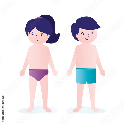 Parts of body. Naked female and male character. Little boy and girl isolated on white background