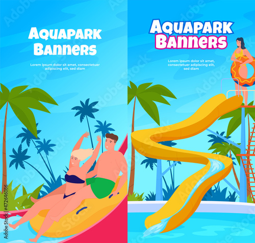 Aqua park vertical advertising poster set vector illustration promo ads summer leisure activity