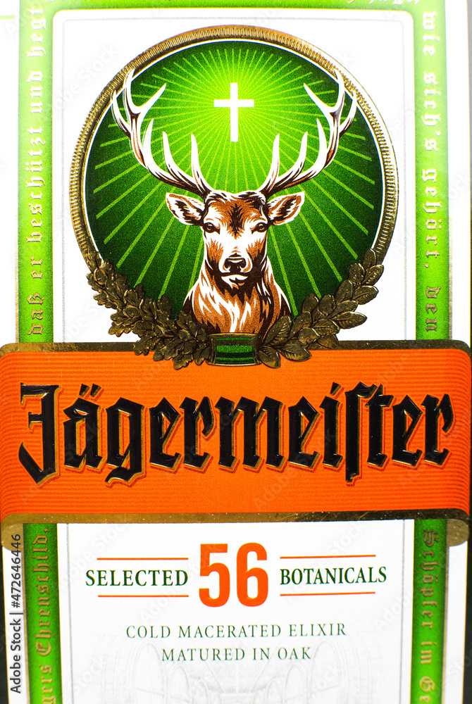 Label on Bottle of JÄGERMEISTER liquor drink on white ...