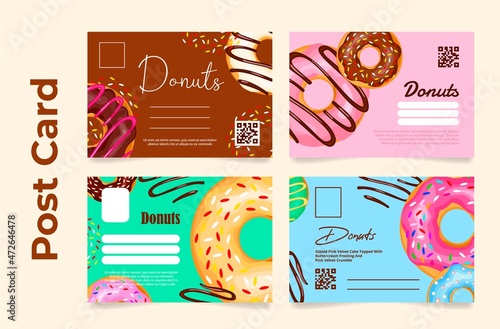Donuts postcard set place for text vector flat illustration. Glazed doughnut decorative design card