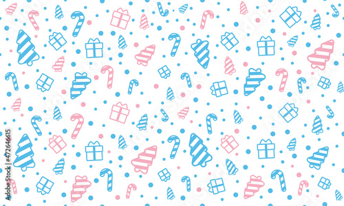 texture seamless blue pink and white. Christmas tree, gifts, round snowflakes, caramel, sweets. Christmas pattern repeating for white background print