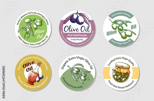 Collection extra virgin olive oil rounded stickers vector engraved illustration packaging label