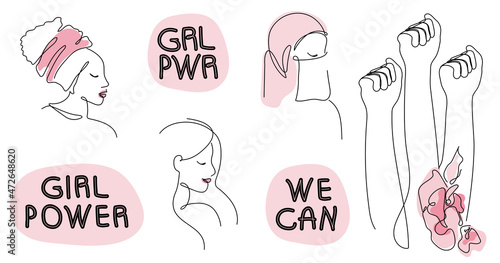 Set feminist girl power vector with nationality women face, fist and lettering WE CAN, GIRL POWER, GRl PWR in continuous one line art