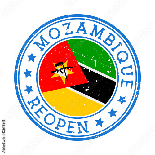 Mozambique Reopening Stamp. Round badge of the country with the flag of Mozambique. Reopening after lockdown sign. Vector illustration.