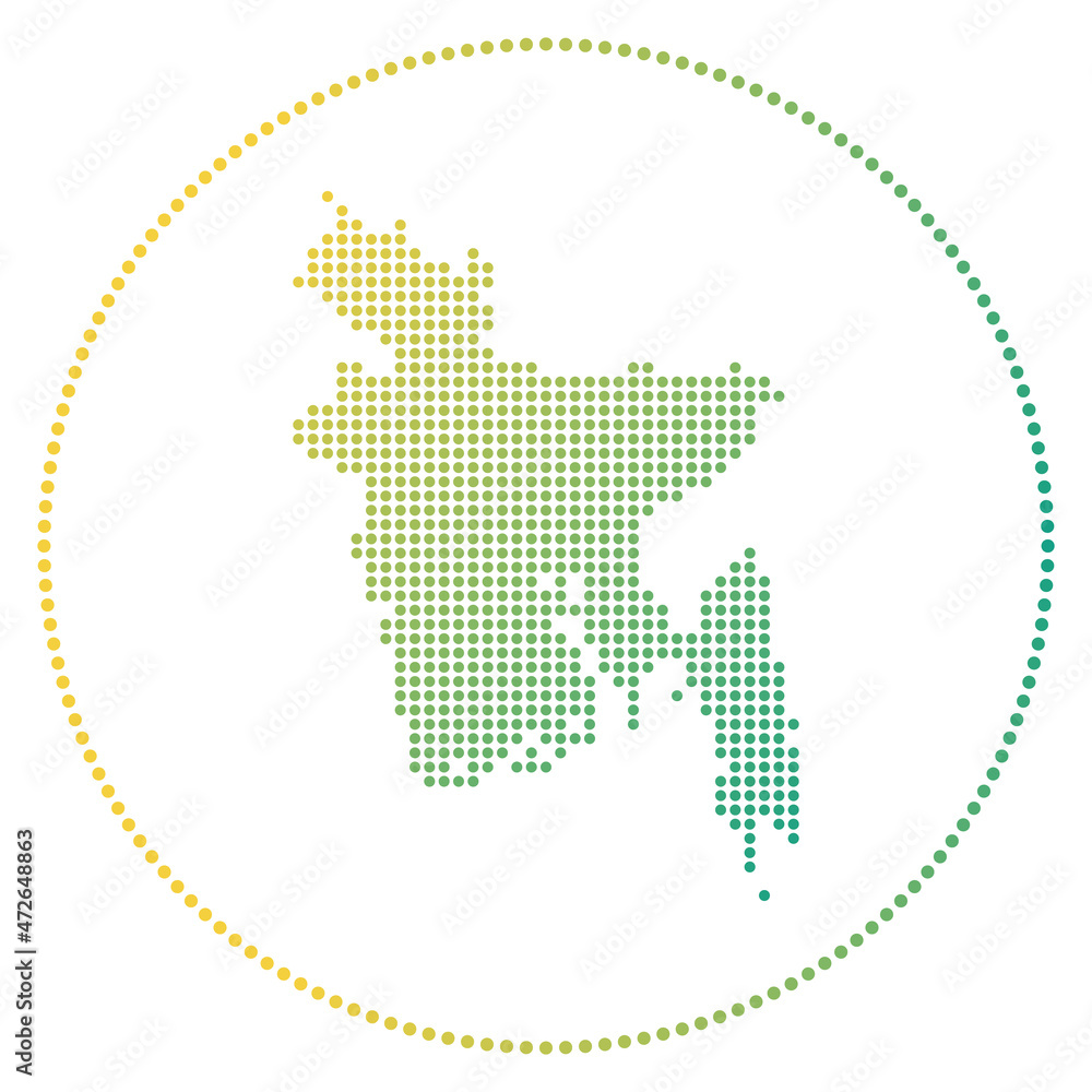Bangladesh digital badge. Dotted style map of Bangladesh in circle. Tech icon of the country with gradiented dots. Vibrant vector illustration.