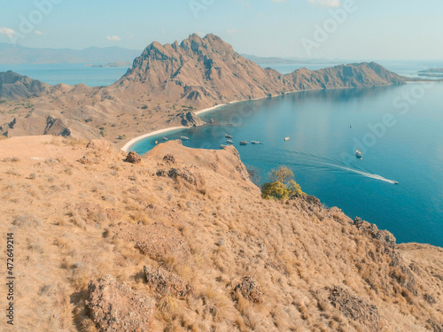 From the top view on Padar Island, we can see many ships are docked and that is very beautiful