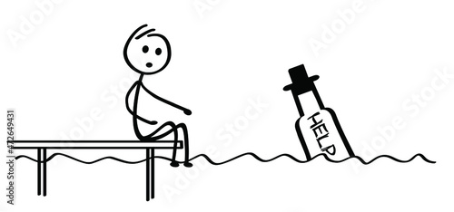 Drawing cartoon stickman received, help mail. Helping, alarm Bottle in water. Stick figure fishing a letter in the water. sos icon or pictogram. Helpline symbol. 