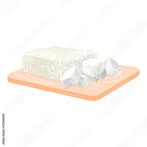 Vector colorful illustration of pieces of tofu on a cutting wooden board isolated on white background