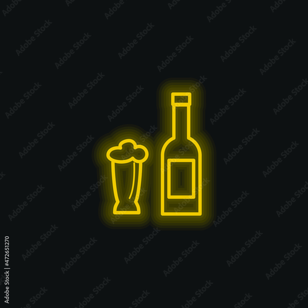 Beer Bottle And Glass yellow glowing neon icon Beer Bottle And Glass yellow glowing neon icon