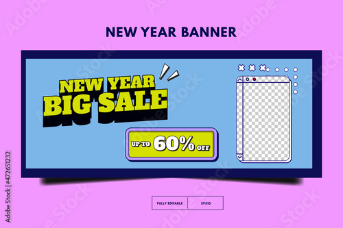 Horizontal banner template. Social media promotion template. New year sale 80s retro post template. Memphis social media design. banner template design with space for photo