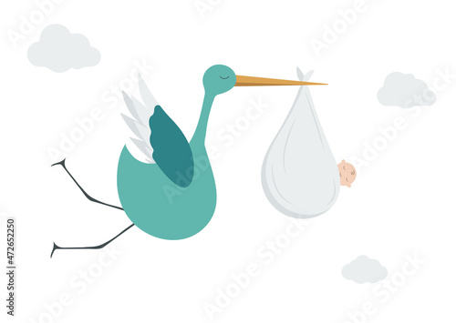 stork with baby in the clouds