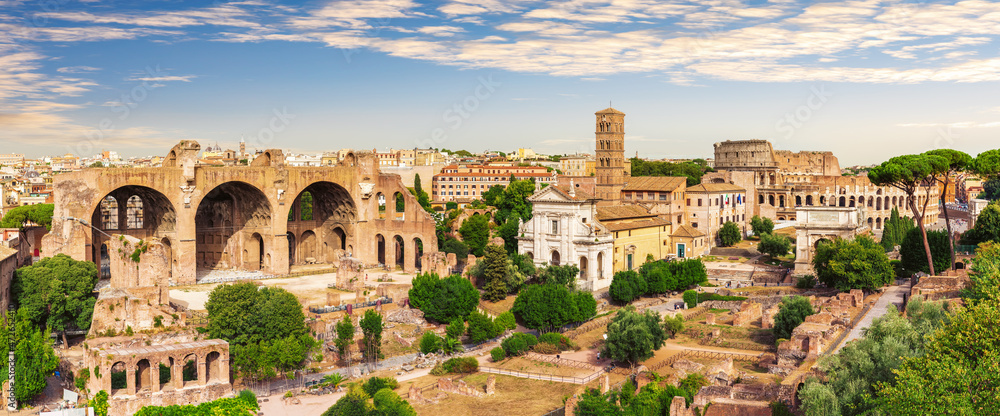 Roman Forum full panorama, view of the Basilica of Maxentius and Constantine, House of the Vestals and the Coliseum, Italy