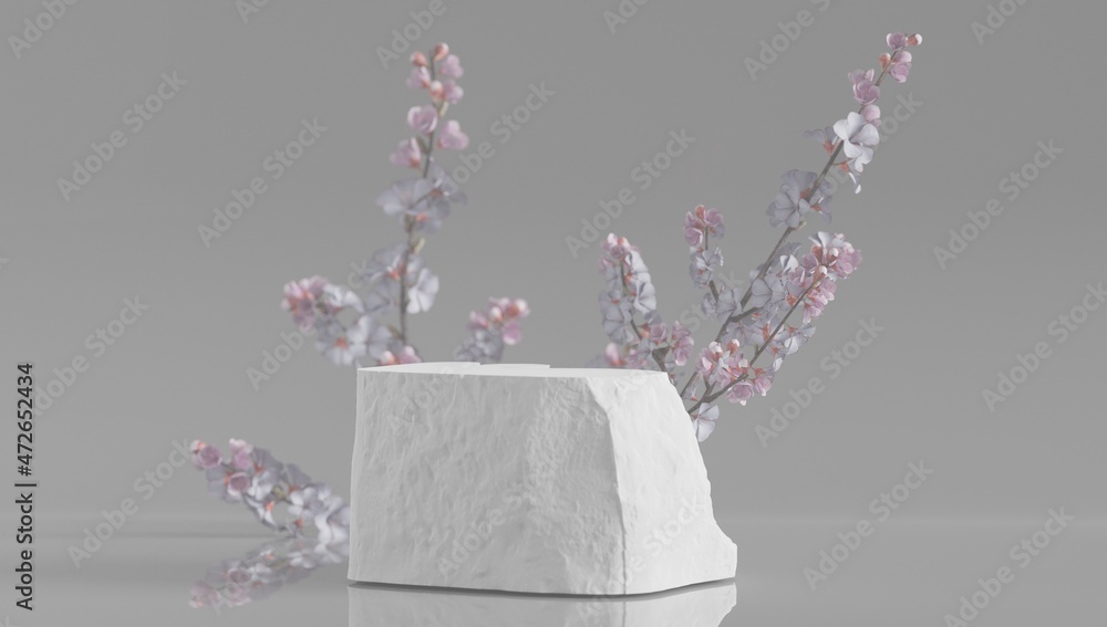 Elegant podium for displaying perfumery, gift and cosmetic products. Split stone in white tones with plants. with copy space - 3D rendering.