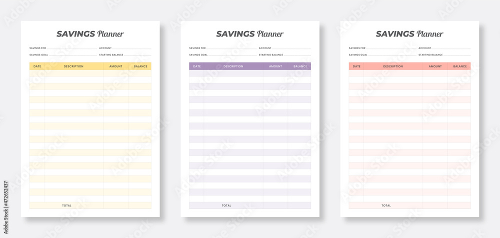 Savings planner template. financial planner template set. Minimal