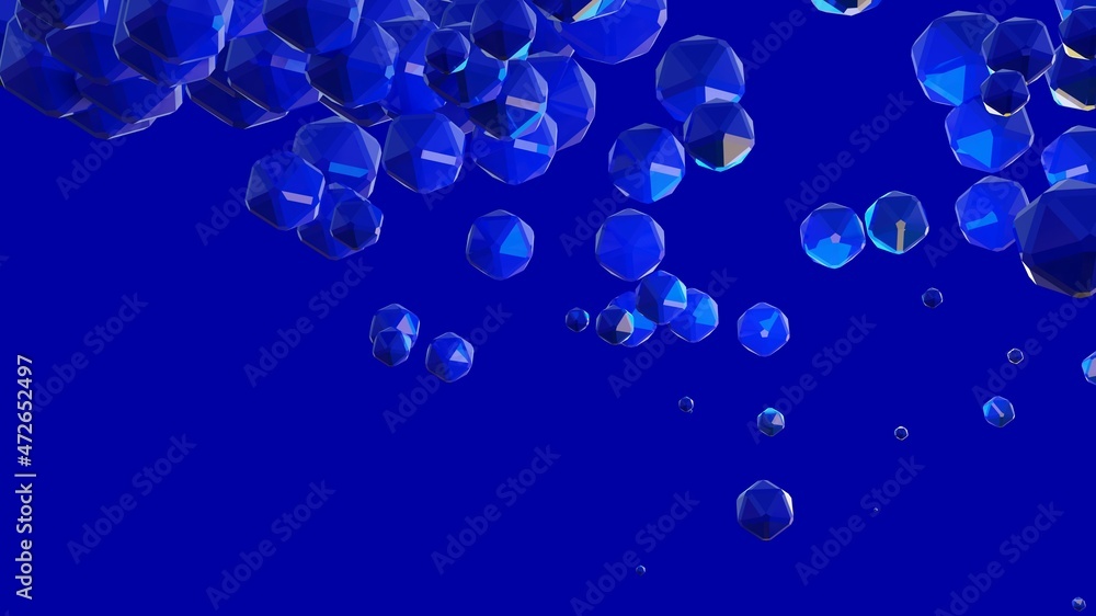 Abstract modern futuristic 3d render illustration. Blue tech layout with dark octahedrons. Geometric shapes flying chaotic background. 
