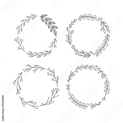 Floral wreaths vector set. Hand drawn outline wreaths